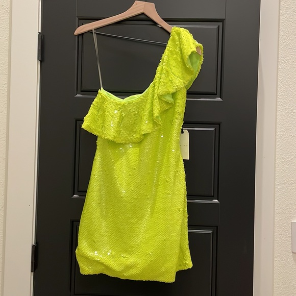 Leith Neon Yellow Ruffle One Shoulder Sequin Party Dress NWT - Picture 4 of 5